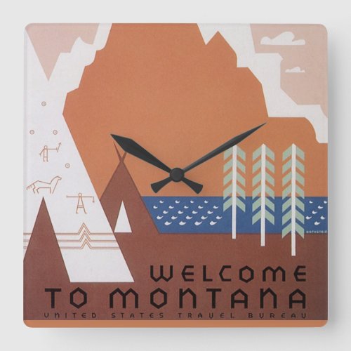 See America Welcome to Montana Vintage Travel Square Wall Clock