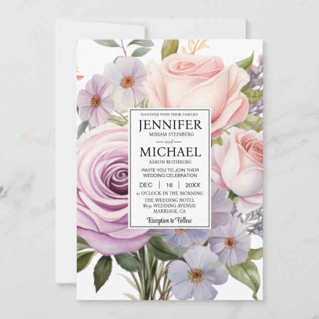 SEE BACK All-In-One Pastel Rose Wedding Invitation (Front)