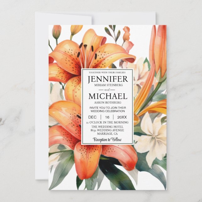 SEE BACK All-In-One Tiger Lily Wedding Invitation (Front)