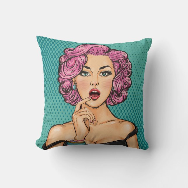 See Back Pop Art Lady in Black Dress Pillow (Front)