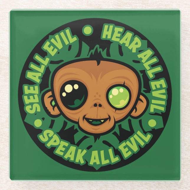 See, Hear and Speak All Evil Monkey Glass Coaster (Front)