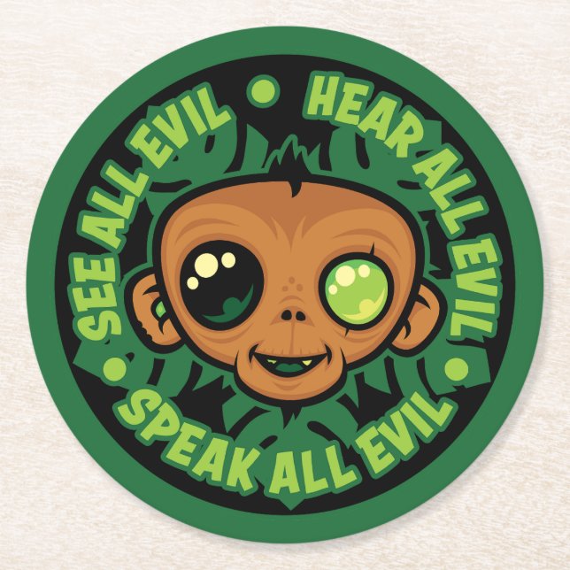See, Hear and Speak All Evil Monkey Round Paper Coaster (Front)