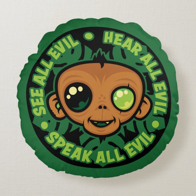 See, Hear and Speak All Evil Monkey Round Pillow (Front)