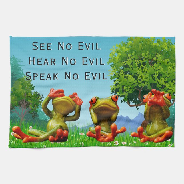 See Hear Speak No Evil Frog Humorous Kitchen Towel (Horizontal)