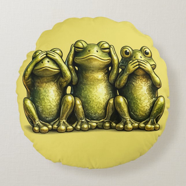 See Hear Speak No Evil Funny Frogs Round Pillow (Front)