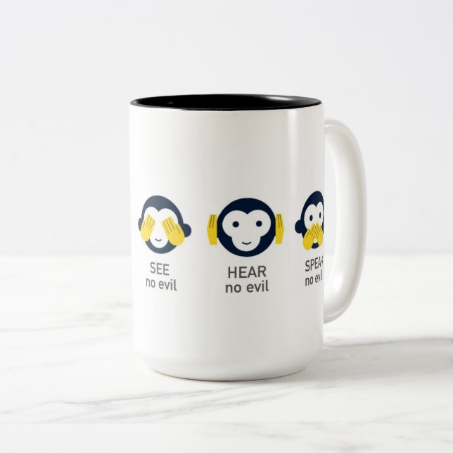 See Hear Speak No Evil Monkey Two-Tone Coffee Mug (Front Right)