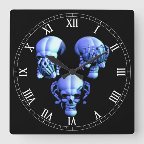 See Hear Speak No Evil Skull Roman Numeral Clock
