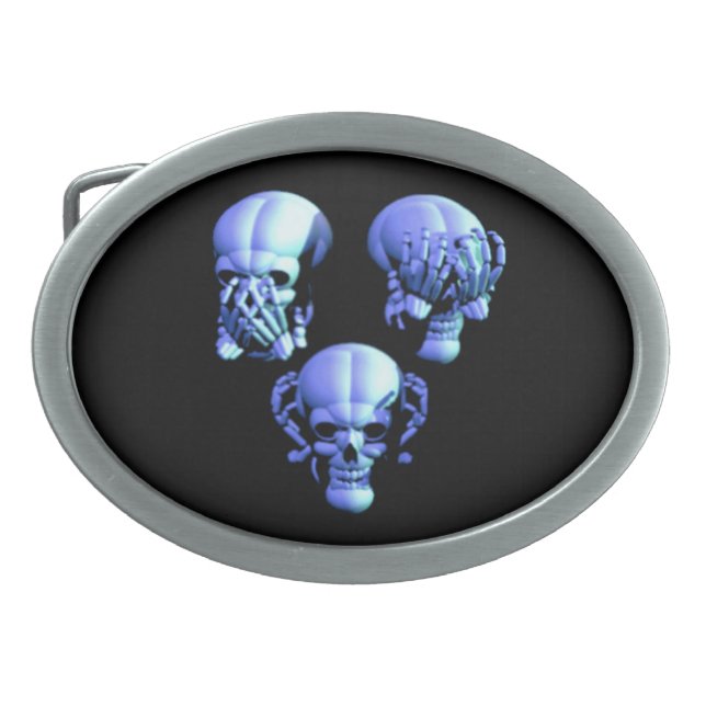 See Hear Speak No Evil Skulls Belt Buckle (Front)