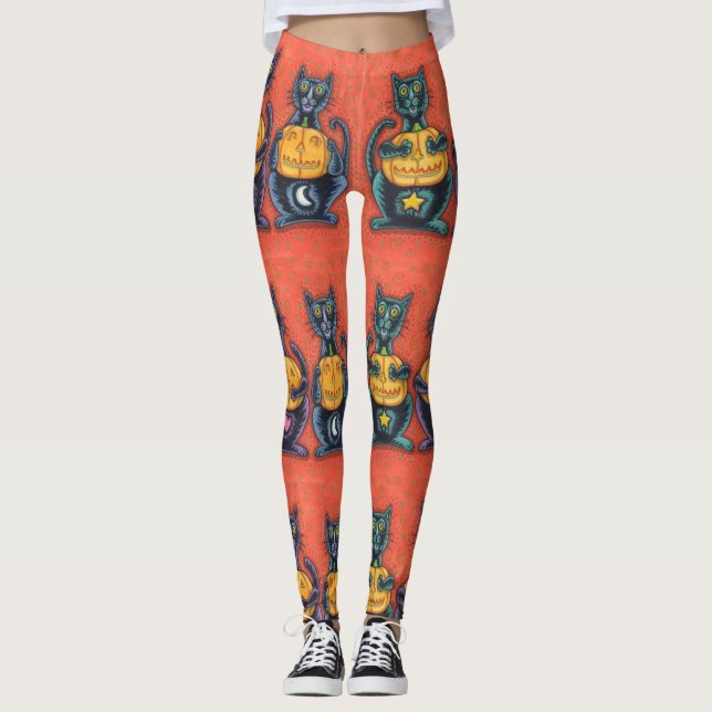 SEE NO EVIL BLACK CATS, HALLOWEEN LEGGINGS Orange (Front)