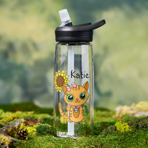See The Beauty Orange Cat and Sunflower Name Water Bottle