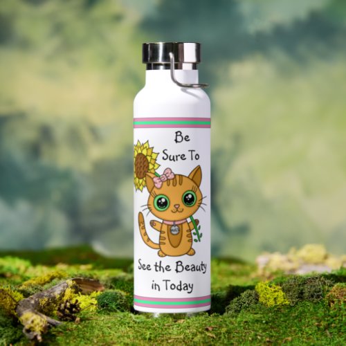 See The Beauty  Orange Cat and Sunflower Quote Water Bottle