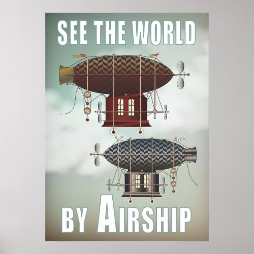 See the World Airship Noir  Rouge Steampunk Travel Poster