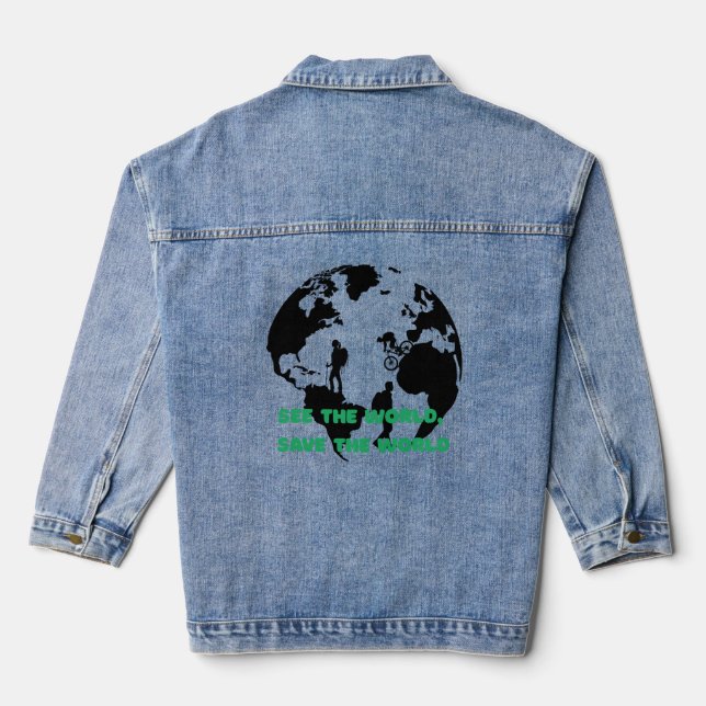 See the World Save the World Cycling Hiking  Denim Jacket (Back)