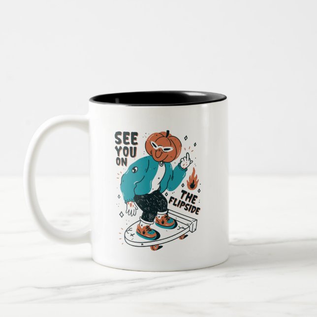 See You On The Flipside Halloween Skateboarding Two-Tone Coffee Mug (Left)