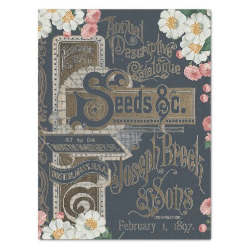 Seed Catalog Floral Rose Decoupage Navy Blue Gold  Tissue Paper