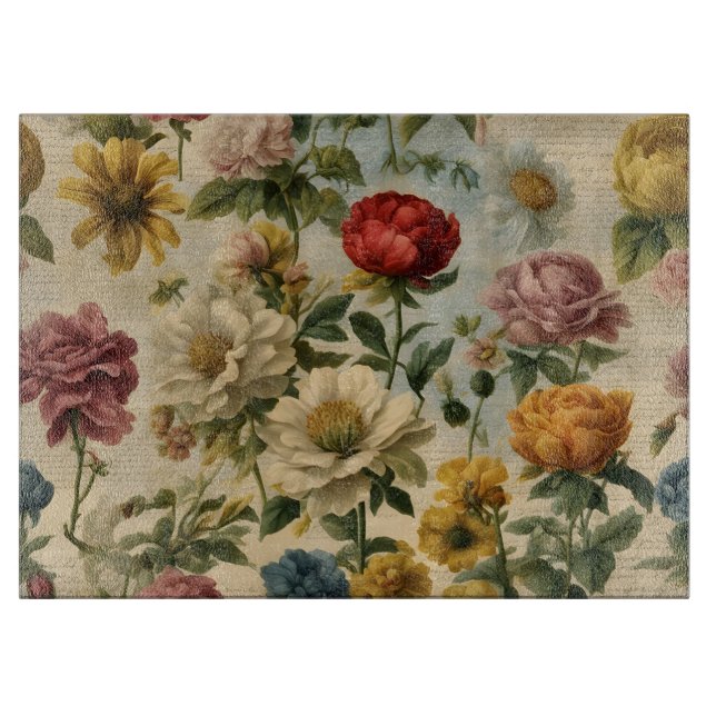 Seed Catalog Flowers over Script Cutting Board (Front)