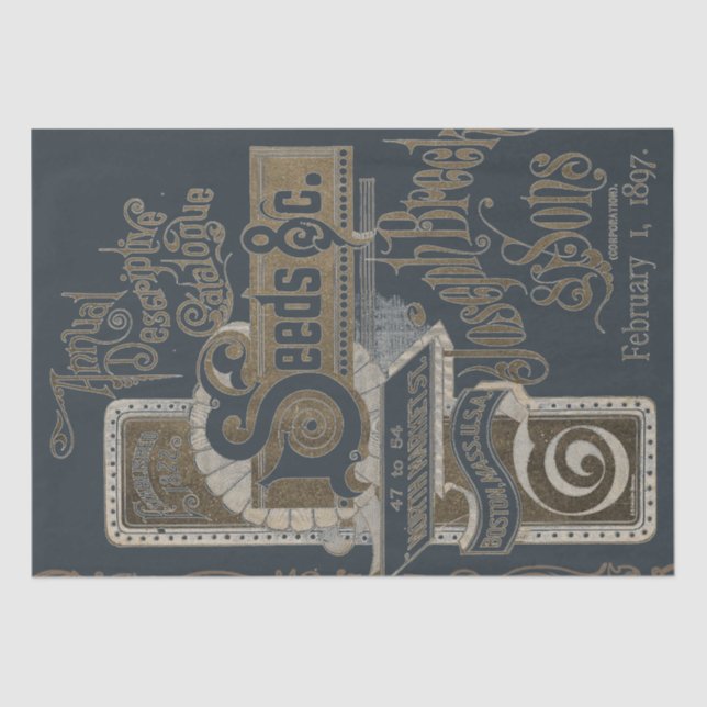 Seed Catalog Typography Decoupage Navy Blue Gold  Tissue Paper (Front)