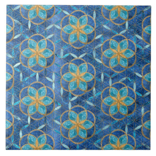 Seed of life in Flower of Life Pattern - Blues Ceramic Tile