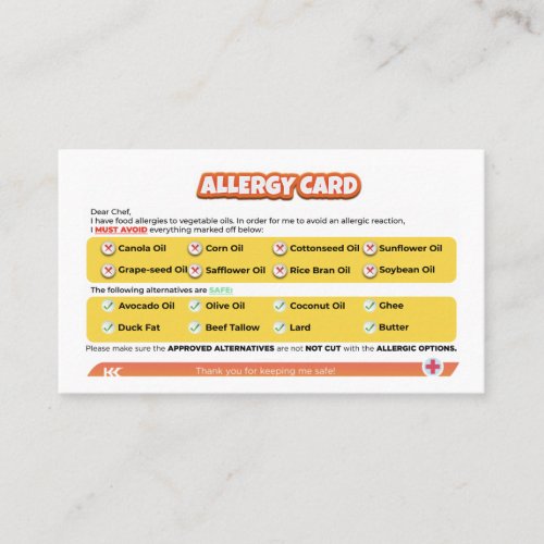 Seed Oil Allergy Card