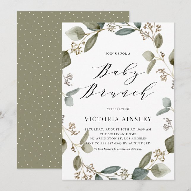 Seeded Eucalyptus Wreath Baby Shower Brunch Invitation (Front/Back)