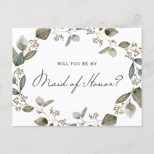 Seeded Eucalyptus Wreath Be My Maid of Honor Invitation Postcard