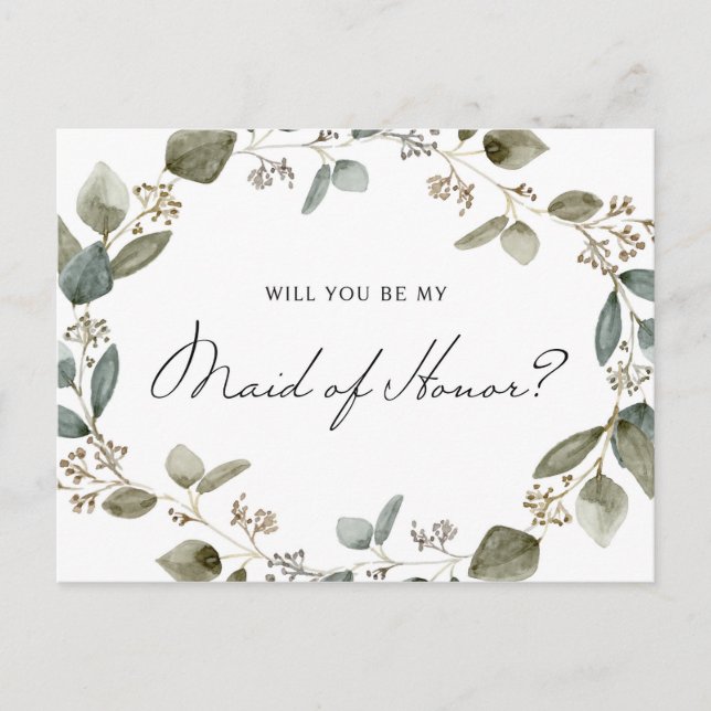 Seeded Eucalyptus Wreath Be My Maid of Honor Invitation Postcard (Front)