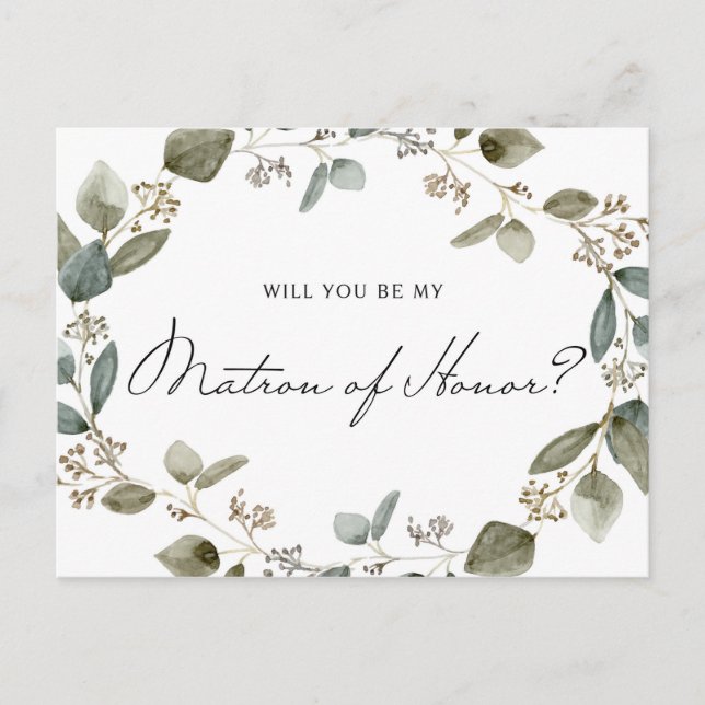 Seeded Eucalyptus Wreath Be My Matron of Honor Invitation Postcard (Front)