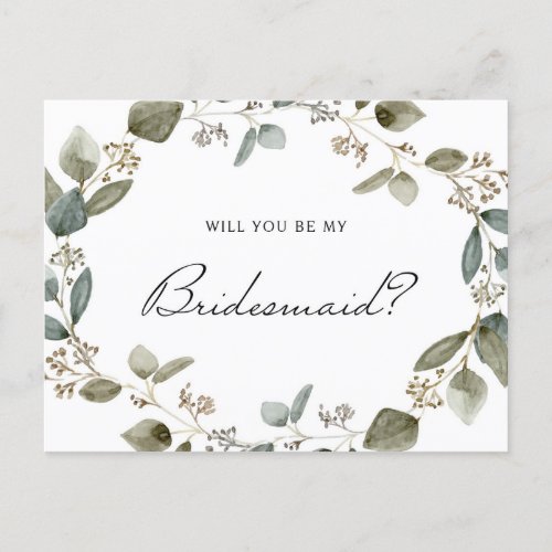 Seeded Eucalyptus Wreath Will You Be My Bridesmaid Invitation Postcard