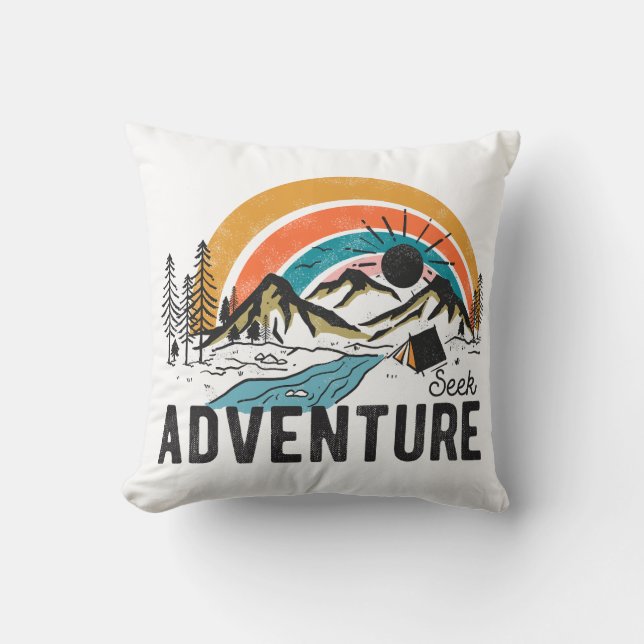 Seek Adventure Mountain Camping Throw Pillow (Front)