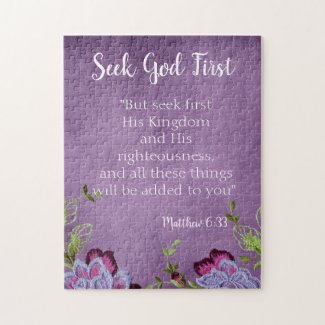 Seek God First Inspirational Purple Floral Jigsaw Puzzle