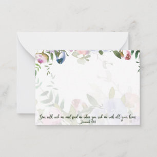 Seek my with all your heart, pink and blue floral note card