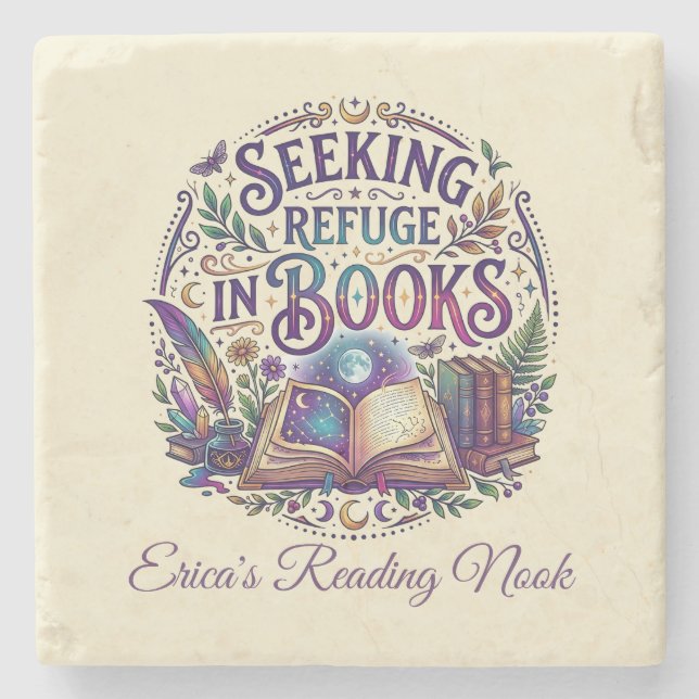Seeking Refuge in Books Whimsical Celestial Mystic Stone Coaster (Front)