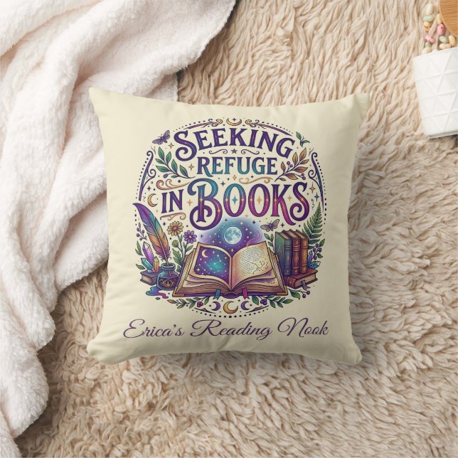 Seeking Refuge in Books Whimsical Celestial Mystic Throw Pillow (Blanket)