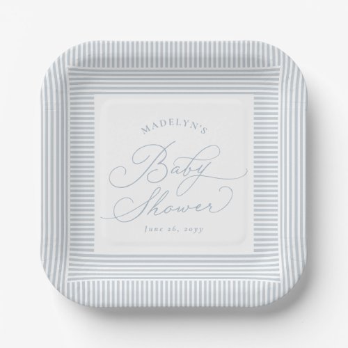 Seersucker blue white stripe preppy baby shower paper plates