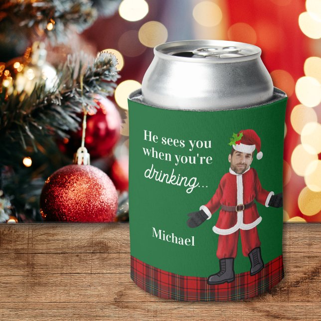 Sees You When You're Drinking Funny Custom Gift Can Cooler (funny photo face christmas can cooler gift idea for him with santa and custom photo face with name)