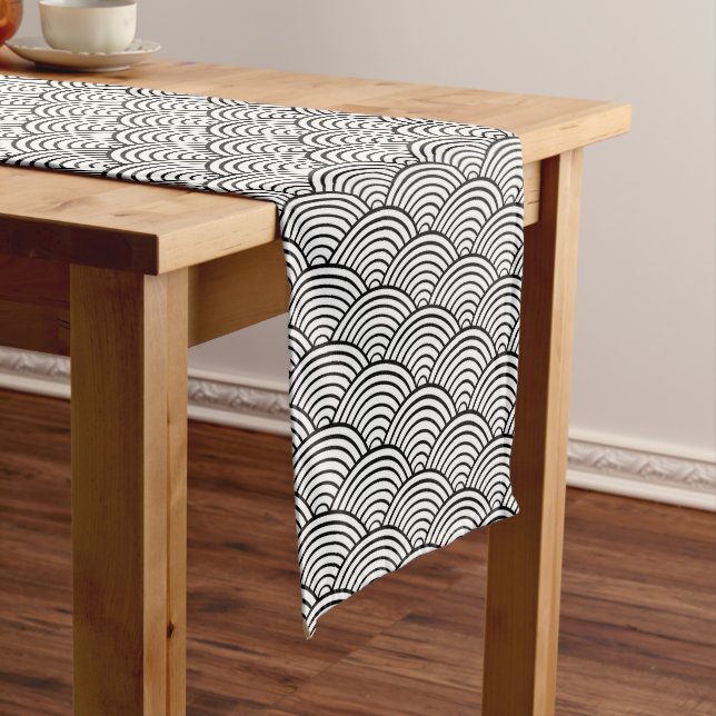 Seigaiha Black And White Japanese Wave Pattern Medium Table Runner (In Situ)