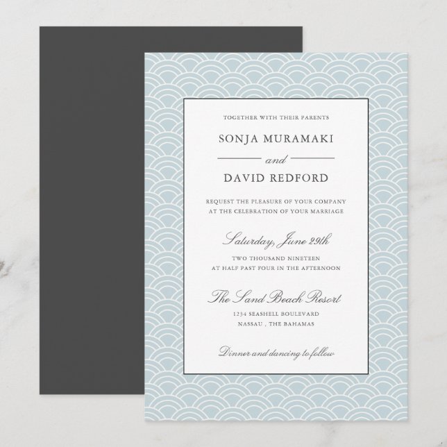 Seigaiha | Dusty Blue Japanese wave Beach wedding Invitation (Front/Back)