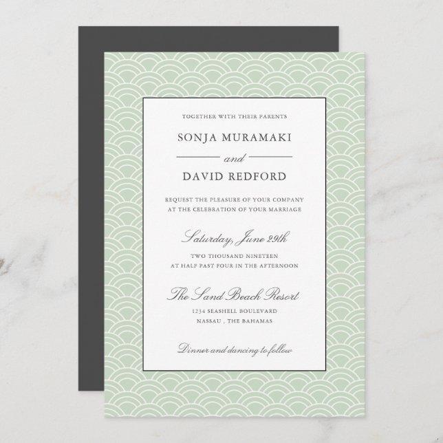Seigaiha | Dusty Green Japanese wave Beach wedding Invitation (Front/Back)