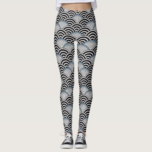 Seigaiha Japanese Wave Black Decorative Pattern Leggings