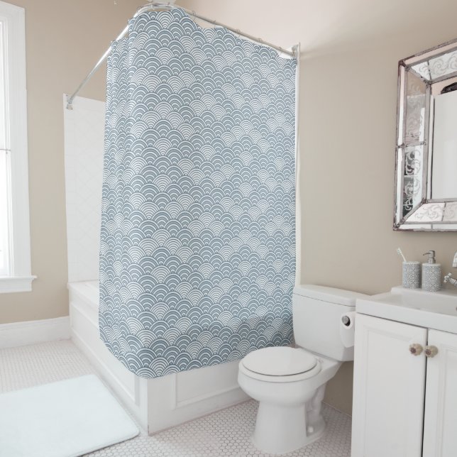 Seigaiha Ocean Waves Japanese Blue Pattern Shower Curtain (In Situ)