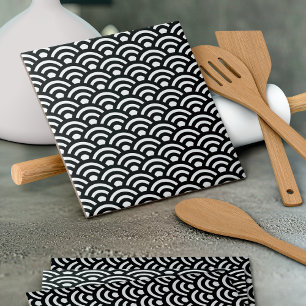 Seigaiha, Waves, Japanese, Black and White Ceramic Tile