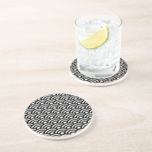 Seigaiha, Waves, Japanese, Black and White Coaster