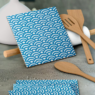 Seigaiha, Waves, Japanese, Blue and White Ceramic Tile