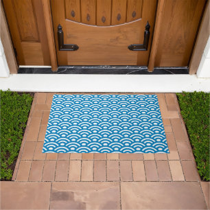 Seigaiha, Waves, Japanese, Blue and White Doormat