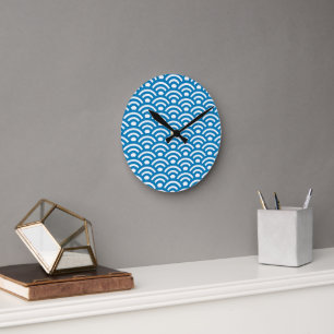 Seigaiha, Waves, Japanese, Blue and White Round Clock