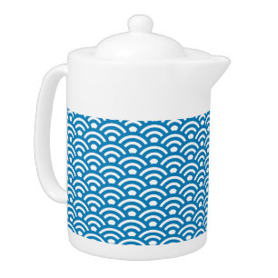 Seigaiha, Waves, Japanese, Blue and White Teapot