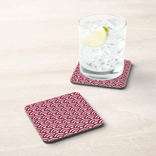 Seigaiha, Waves, Japanese, Burgundy and White Beverage Coaster