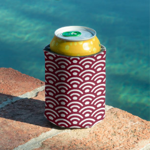 Seigaiha, Waves, Japanese, Burgundy and White Can Cooler