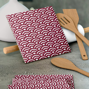 Seigaiha, Waves, Japanese, Burgundy and White Ceramic Tile