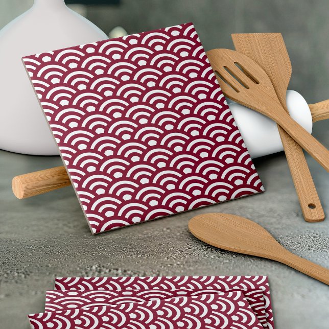 Seigaiha, Waves, Japanese, Burgundy and White Ceramic Tile (Creator Uploaded)